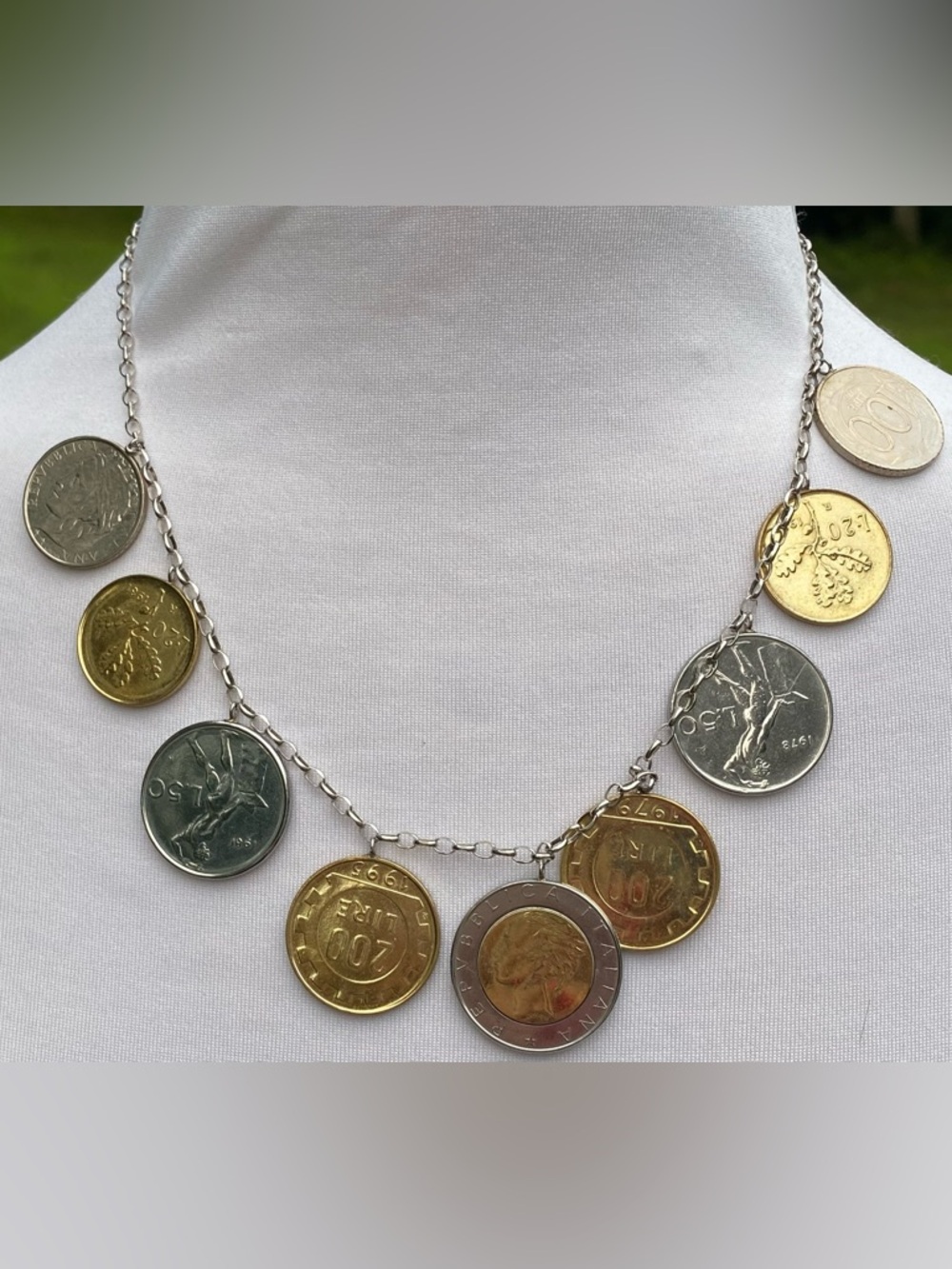 NECKLACE CHAIN STERLING SILVER 925 ITALY 9 COINS ITALIAN LIRA TRAVEL 17..5”